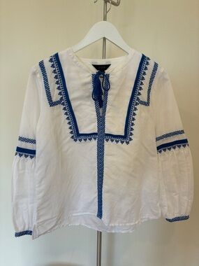 J. Crew 100% Cotton White Tunic Blouse with Blue Embroidery